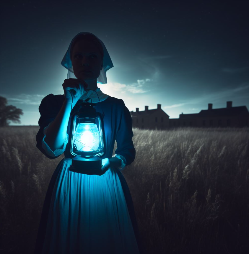 Illustration of the Blue Light Lady from 1850s Hays, Kansas with a blue lantern