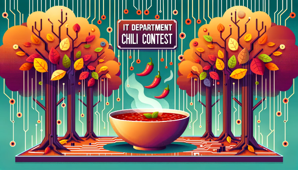 Illustration of a digital landscape with binary trees having leaves in autumn colors. Floating above is a virtual chili bowl with steam rising. Pixels and circuit patterns are subtly visible in the background, and the words 'IT Department Chili Contest' are displayed prominently.