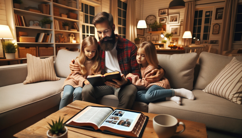 Photo of a bearded father and his two daughters sitting on a comfortable couch in a cozy living room. They are all looking at an open Bible on the coffee table in front of them, with an interactive touchscreen device next to it displaying related content. The room is filled with warm lighting, with a few plants and family photos on the shelves.