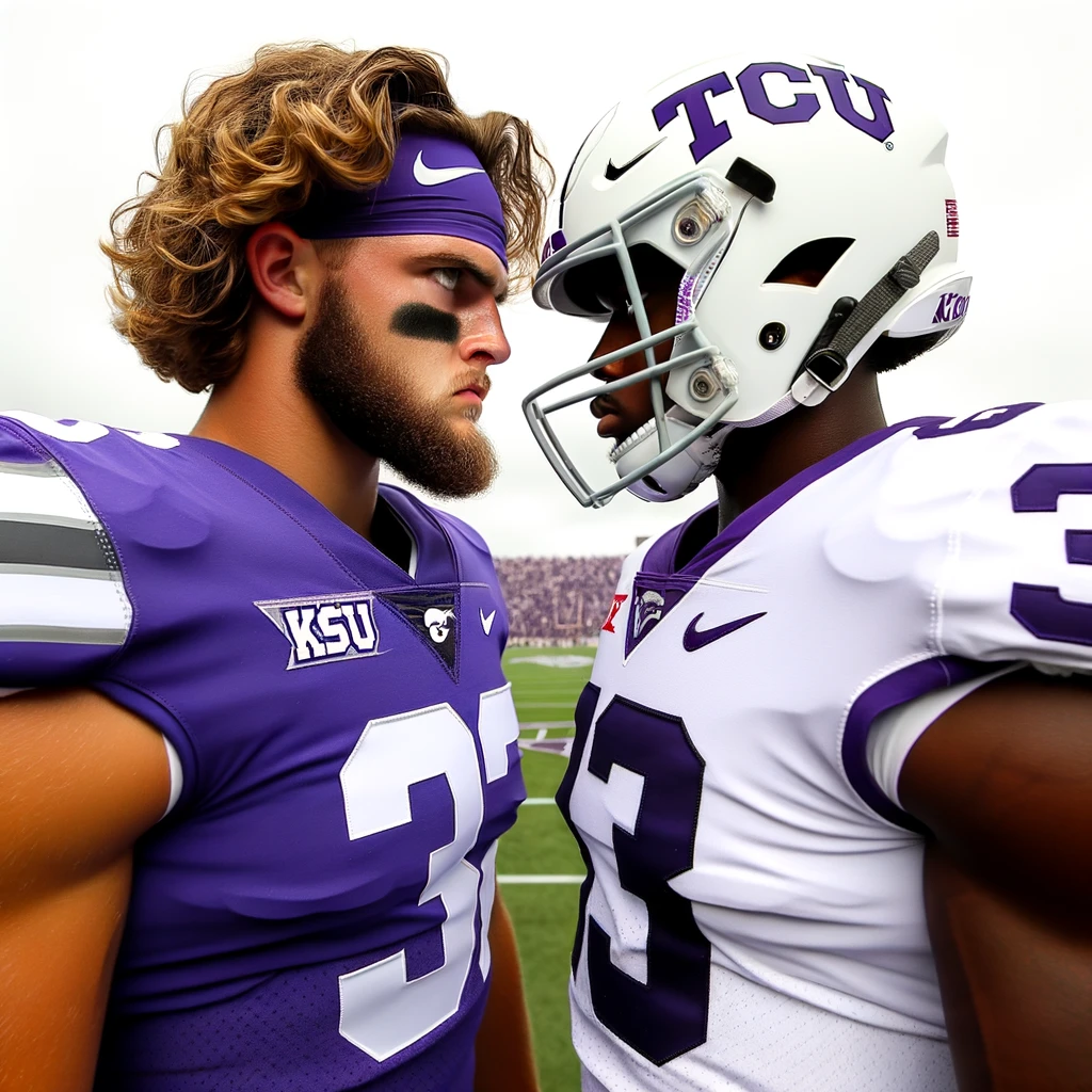 Photo of a KSU football player in a purple uniform and a TCU football player in a white uniform. They stand nose to nose, glaring at each other with fierce determination.