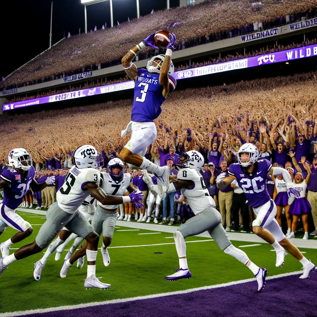 Photo capturing a pivotal moment in the game: Wildcats' Jayce Brown making a spectacular catch with TCU defenders trying to stop him. The excited crowd in the background is a sea of purple.