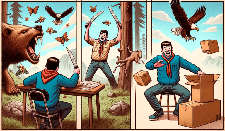 Illustration of a humorous wide chart comparing 'Perception vs. Reality'. On the 'Perception' side, there's an image of the Eagle Scout in an action-packed wilderness setting, fighting wild animals with knives. On the 'Reality' side, he's casually opening cardboard boxes in an office setting. The chart should be clear and uncropped, ensuring all elements are visible.