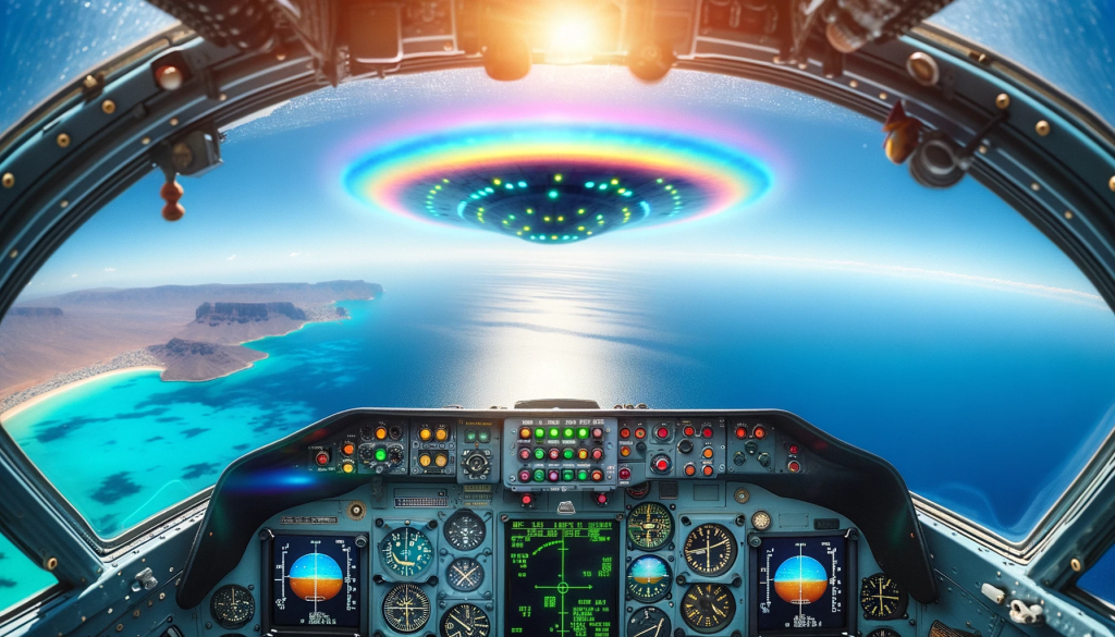 Photo capturing the moment from inside a fighter jet cockpit as a pilot witnesses a unique sight: a UFO with a spectrum of rainbow colors. Beneath, the azure ocean stretches out, reflecting the sun's rays.