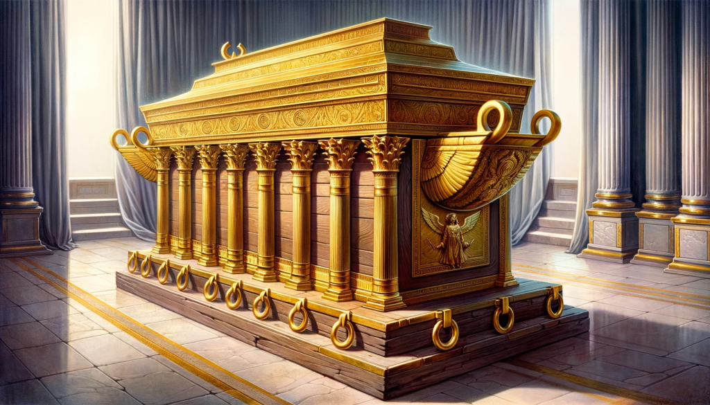 Illustration: A side perspective of the Ark of the Covenant, emphasizing its design and proportions. The Ark, made of acacia wood, is fully covered in gleaming gold. It measures roughly 131×79×79 cm or 52×31×31 inches. On its top, a decorative golden crown or molding encircles it. Four gold rings, two on each side, are affixed to its corners. These rings hold staves made of shittim wood, overlaid with gold, which are utilized for transporting the Ark. The kapporet, a golden lid, sits atop the Ark. This lid is accentuated with two majestic golden cherubim, with their wings spread out and facing one another. The scene is set in a sacred chamber with a heavy veil in the distance, indicating the Ark's concealed placement.