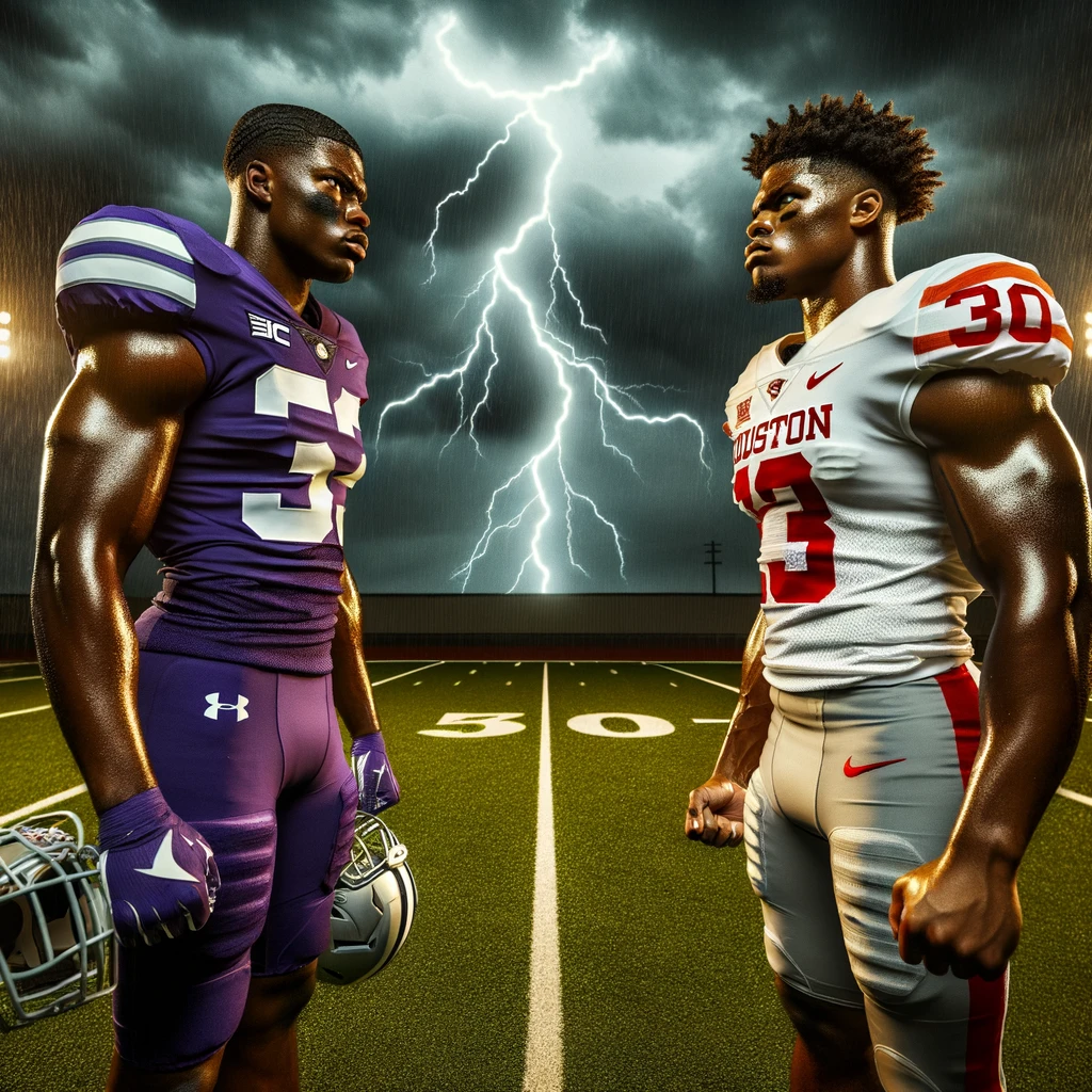 Photo: Two muscular African American male football players stand face to face on a grassy field during a storm. Lightning bolts illuminate the sky, casting a dramatic light on the scene. The player from Kansas State University is dressed in vibrant purple, while the one from Houston University wears white. Their determined expressions intensify under the stormy backdrop, hinting at a fierce upcoming match.