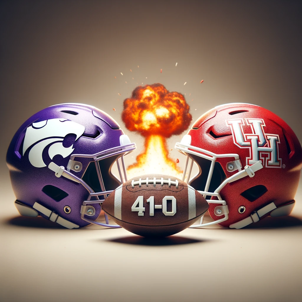 Photo of two football helmets positioned head-to-head on a neutral background. The left helmet is purple, representing the Kansas State Wildcats, while the right helmet represents the Houston Cougars. The score '41-0', with a single, distinct hyphen between the numbers '41' and '0', is displayed on a football placed between the helmets. An explosion effect is seen behind the Houston helmet, symbolizing their loss in the game.