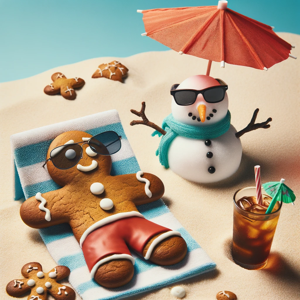 Photo of a gingerbread man attempting to sunbathe on a beach towel, only to realize he's starting to melt due to the sun's heat. Beside him, a snowman with sunglasses relaxes under an umbrella, sipping a cold drink with a straw, looking at the gingerbread man with a playful 'told you so' expression.