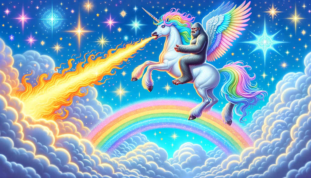 Illustration of a dreamy sky backdrop with a radiant rainbow. On the rainbow, a bigfoot rides a unicorn with glittering wings. The unicorn, in a twist of fantasy, releases a powerful stream of fire from its mouth, creating a spectacle against the sky.