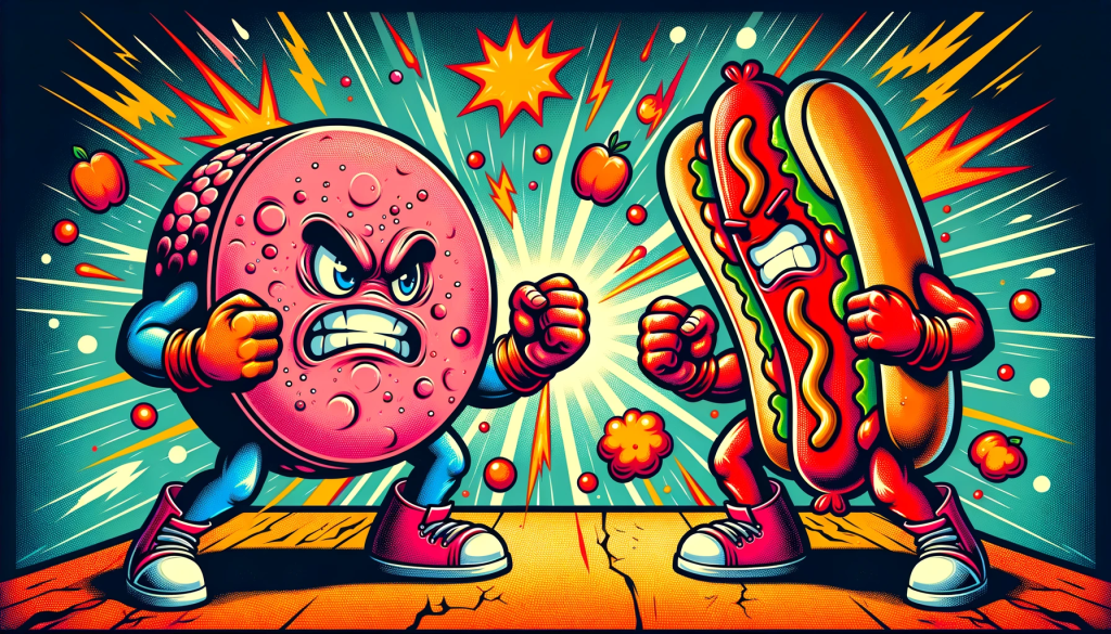 Vividly colored illustration in a retro comic book style, displaying a round slice of bologna with a bright red casing, complete with hands, legs, and an expressive angry face, ready to engage in combat. Opposite the bologna is an equally vibrant and irate anthropomorphic hot dog, with hands and legs prepared for the altercation. They face each other in a dramatic showdown stance, set against a colorful and dynamic widescreen 16:9 ratio background filled with explosive action bubbles and bright hues that heighten the visual impact of their epic clash.