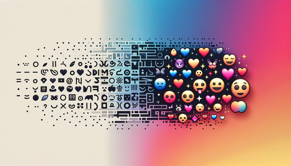 Illustration of a gradient transition from left to right, starting with the black and white Wingdings symbols on the left side and evolving into colorful modern emojis on the right side. The symbols in between gradually transform, blending the characteristics of both Wingdings and emojis. The background is a soft pastel shade, emphasizing the evolution.
