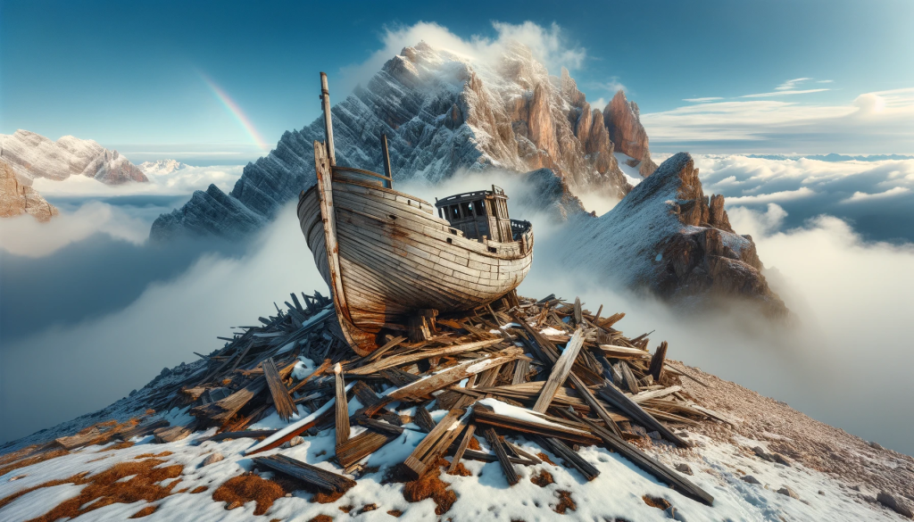 A weathered ancient wooden ship high on a snow-covered mountain peak with scattered pieces of timber around it. The mountain is surrounded by clouds giving it an air of mystery. There's a backdrop of a clear blue sky with a faint rainbow visible. The scene should look untouched and remote, suggesting an undisturbed resting place for centuries.