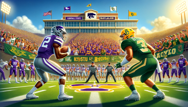 An illustration for a sports news article about a college football game between Kansas State University (KSU) Wildcats and Baylor Bears. The image shows a packed stadium with enthusiastic fans wearing KSU and Baylor colors. In the foreground, two football players, one from each team, are in a dynamic pose, ready for a play. The KSU player is wearing a purple and white uniform, and the Baylor player is in green and gold. The background captures the vibrant atmosphere of the stadium, with banners for both teams, and a clear, sunny sky. The scene conveys excitement, rivalry, and the anticipation of a high-stakes football game.
