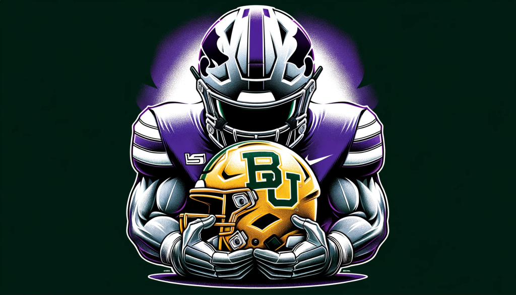 An illustration of a Kansas State University (KSU) football helmet and a Baylor University football helmet. The KSU helmet, designed in their signature purple and white colors, is depicted in a dominant and powerful position, symbolically crushing the Baylor helmet, which is in green and gold. The image should convey the intensity and one-sided nature of a football game, reflecting the significant score difference, with the KSU helmet clearly overpowering the Baylor helmet.