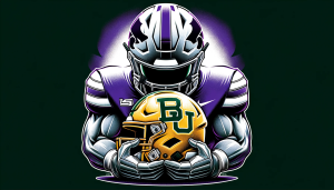 An illustration of a Kansas State University (KSU) football helmet and a Baylor University football helmet. The KSU helmet, designed in their signature purple and white colors, is depicted in a dominant and powerful position, symbolically crushing the Baylor helmet, which is in green and gold. The image should convey the intensity and one-sided nature of a football game, reflecting the significant score difference, with the KSU helmet clearly overpowering the Baylor helmet.