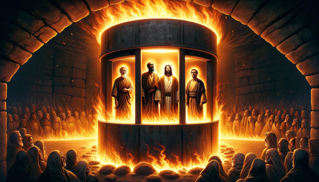 Create an image depicting four men inside a fiery furnace, one of whom represents Jesus, in a 16:9 format. The scene should focus solely on the interior of the furnace, showing Shadrach, Meshach, Abednego, and the fourth figure as Jesus, all unharmed amidst intense flames. The image should capture the miraculous protection they are experiencing, with no other figures in the foreground or background. The furnace should be the central element, emphasizing the heat and fire, yet highlighting the unscathed state of the four men.