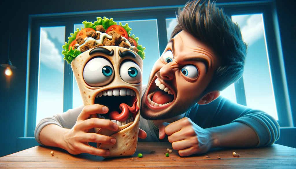 A comical and cartoonish wide image featuring a gyro sandwich with a terrified face being playfully bitten by a man. The gyro character is animated and exaggerated, with wide eyes and a humorous expression of shock. The man is shown in a lighthearted manner, with a big smile and an appetite for the gyro. The scene is set in a casual dining environment, adding to the playful and whimsical nature of the image. The overall tone is humorous, capturing the fun aspect of enjoying a delicious gyro sandwich in a 16:9 aspect ratio.