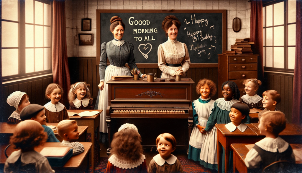 A vintage classroom scene from the late 19th century, with two women teachers, one Caucasian and one African American, at the front, smiling as they teach a diverse group of young children. The children are gathered around a piano, looking happy and excited. On the blackboard behind them, the words 'Good Morning to All' are written, hinting at the original song that later became 'Happy Birthday'. The room has an old-fashioned, warm feel with wooden desks and a few birthday decorations like balloons and streamers subtly included, suggesting the transition of the song from a classroom greeting to a universal birthday anthem.