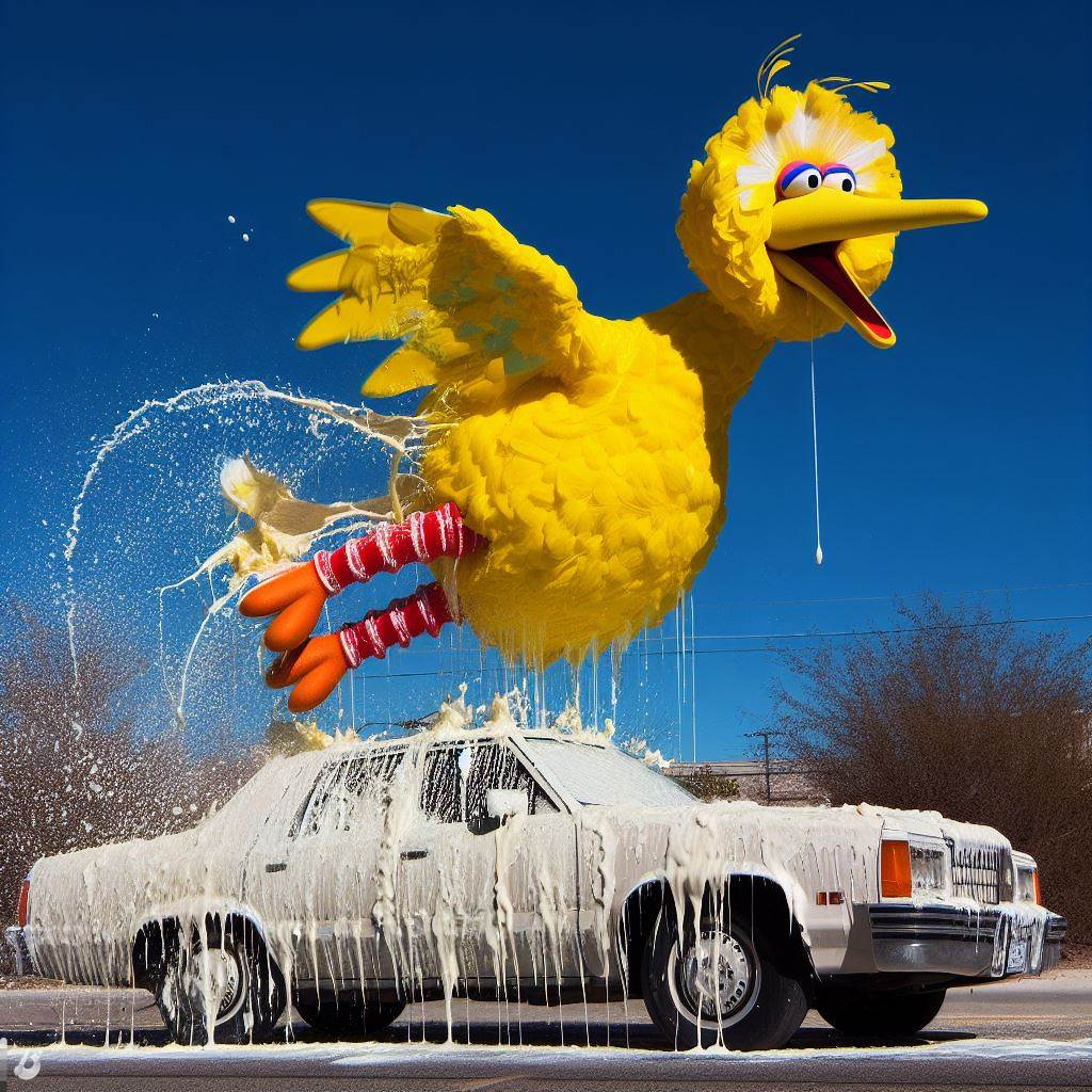 can you make a picture 16:9 of big bird from sesame street flying over a car and a giant white liquidy runny bird poop coming out of his rear not mouth splatted all over the car and overflowing onto the road?