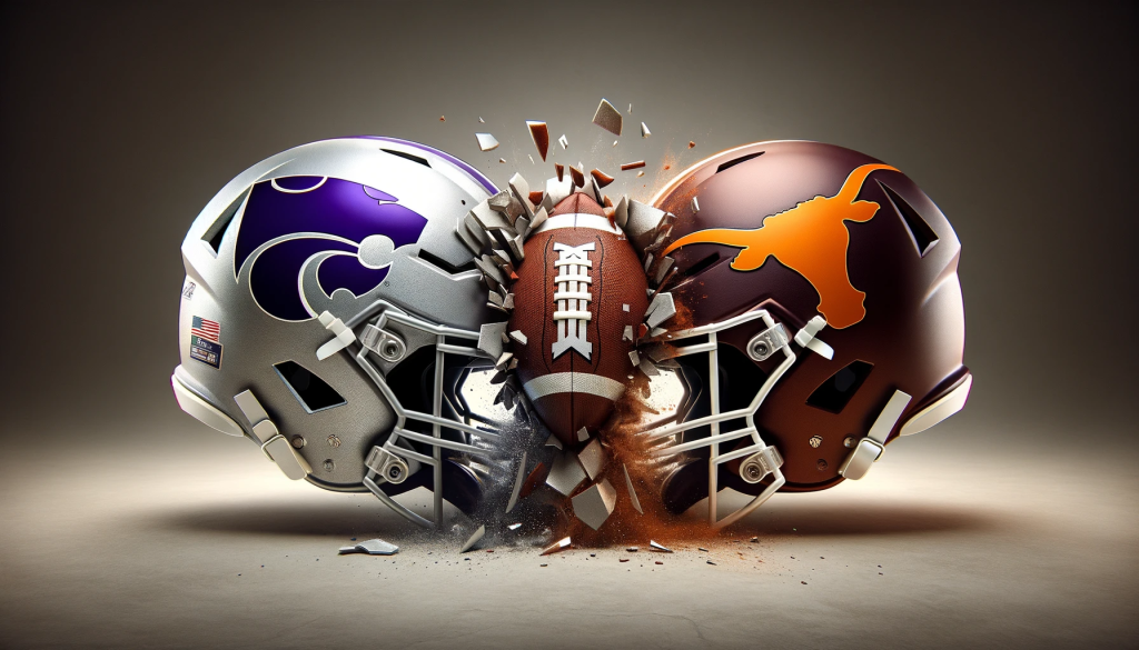 Create an image of two college football helmets, one in purple and silver representing Kansas State University, and the other representing the University of Texas. The helmets should be positioned as if they are about to collide head-on. In the center, place a stylized 'Big XII' logo that looks like it's shattering or exploding due to the force of the helmets hitting it. The background should be a simple, neutral color to draw attention to the drama of the colliding helmets and the exploding 'Big XII' logo. Ensure the helmets do not feature any real logos or trademarks, but are clearly in the respective school colors. The image should be in a 16:9 ratio.