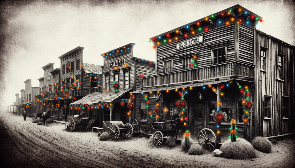 An old Western cowtown representing Abilene, Kansas from the old west days, in a black and white photograph style. The scene is adorned with colorful Christmas lights on buildings, giving a festive and Christmasy atmosphere. There are wooden buildings with saloon and store fronts typical of an old Western town, a dirt road, a horse carriage or two, and some tumbleweeds. The Christmas lights stand out in color against the black and white image, bringing a sense of holiday warmth to the vintage scene.