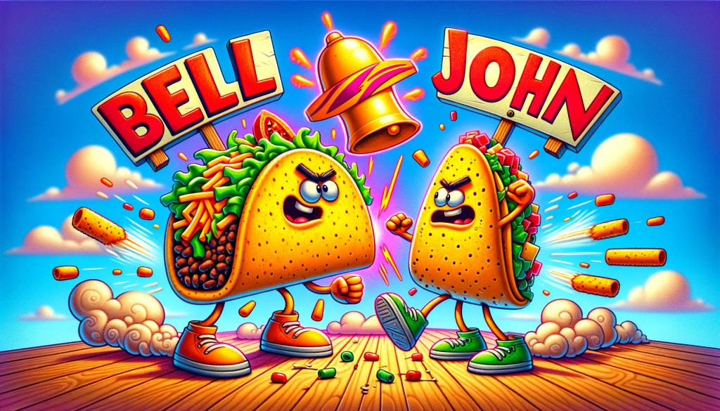 A humorous and cartoonish scene showing two tacos in a playful battle. One taco, labeled 'Bell', represents Taco Bell and stands triumphantly with a bright and vibrant appearance. The other taco, labeled 'John', represents Taco John's and looks comically defeated, with its toppings exploding out in a dramatic fashion, as if hit by 'Bell'. The background is fun and whimsical, with a Tex-Mex theme. The image is colorful, lighthearted, and clearly distinguishes the two tacos with the labels 'Bell' and 'John' to represent their respective brands.