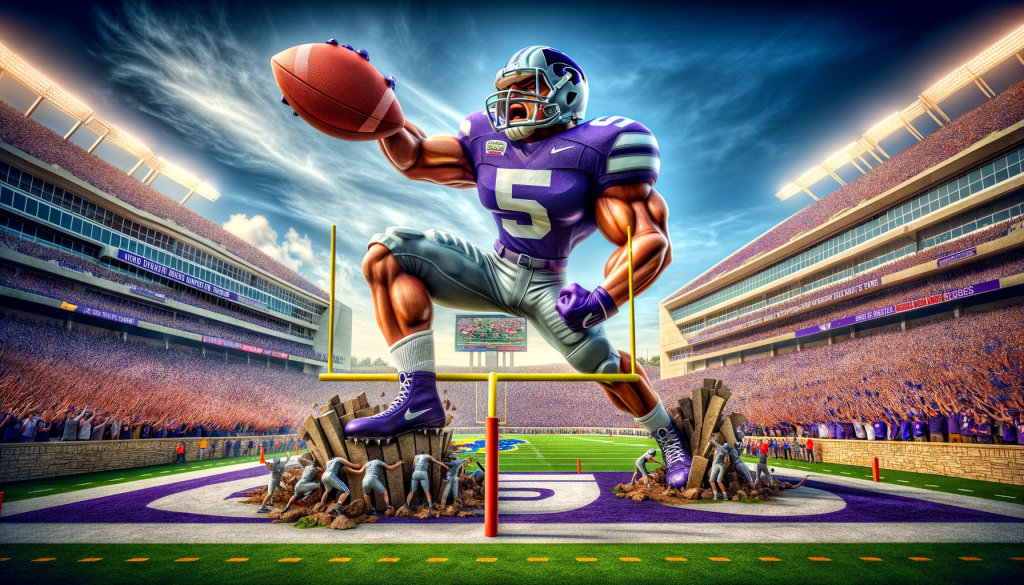 A spectacular and imaginative American football scene featuring a giant football player dressed in Kansas State University (KSU) football gear, powerfully ripping the field goal post out of the ground at David Booth Kansas Memorial Stadium. The player is in a dynamic, forceful pose, symbolizing strength and victory. The background showcases the distinct features of David Booth Kansas Memorial Stadium, with a packed crowd of fans in various team colors, expressing amazement and excitement. The setting is a clear, sunny day, emphasizing the vibrant and energetic atmosphere of a major college football rivalry game.