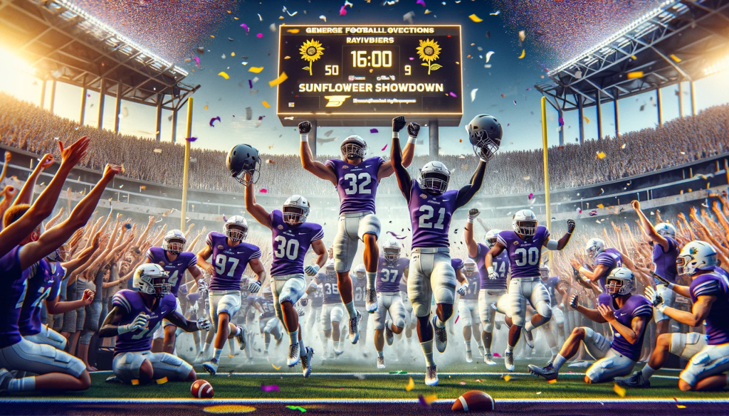 A celebratory scene of a generic college football team in a stadium, capturing the excitement after a big win. The team is in purple and white uniforms, and the players are jubilantly running onto the field with their helmets raised high, surrounded by confetti. In the background, the stadium is packed with fans cheering and waving. The scoreboard shows a generic sunflower logo, and the words 'Sunflower Showdown' are displayed, implying a significant victory in a college rivalry game. The image conveys triumph, team spirit, and the joyous atmosphere following a close and hard-fought victory, fitting for a 16:9 article header about a thrilling college football game win.