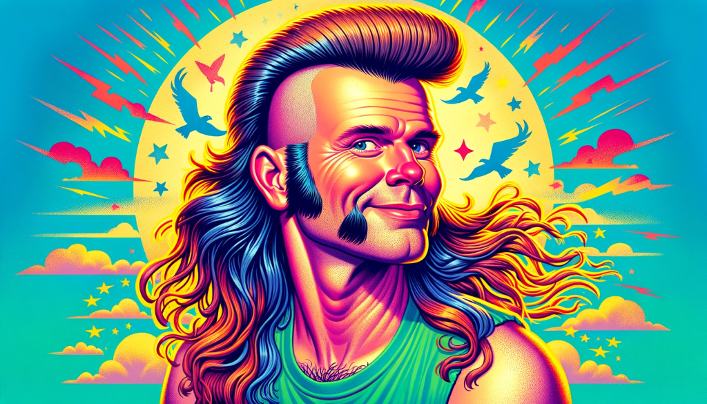 A humorous and colorful illustration of a man sporting a Kentucky Waterfall mullet. The hairstyle should be exaggerated, featuring the distinct characteristics of the Kentucky Waterfall: shaved temples, a short top, and pronounced sideburns contrasting with long, flowing hair at the back. The man should have a playful and confident demeanor, embodying the unique charm of this mullet style. The background should be vibrant, adding a whimsical and lively feel to the image. The illustration should capture the essence of the Kentucky Waterfall mullet in a fun, engaging way, and fully occupy the 16:9 aspect ratio.