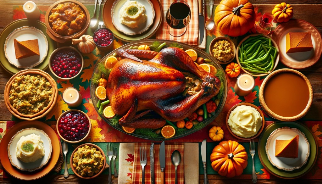 A Thanksgiving dinner table scene in a wide format, filling the entire image without color bars on the sides. The table features a large, steaming, moist smoked turkey as the centerpiece, looking succulent and flavorful. It is placed on a colorful orange and fall-themed tablecloth. Surrounding the turkey are classic Thanksgiving fixings: mashed potatoes, cranberry sauce, green beans, stuffing, and pumpkin pie. The table setting reflects fall colors, embodying the spirit of a festive and bountiful Thanksgiving feast in a warm and inviting atmosphere.