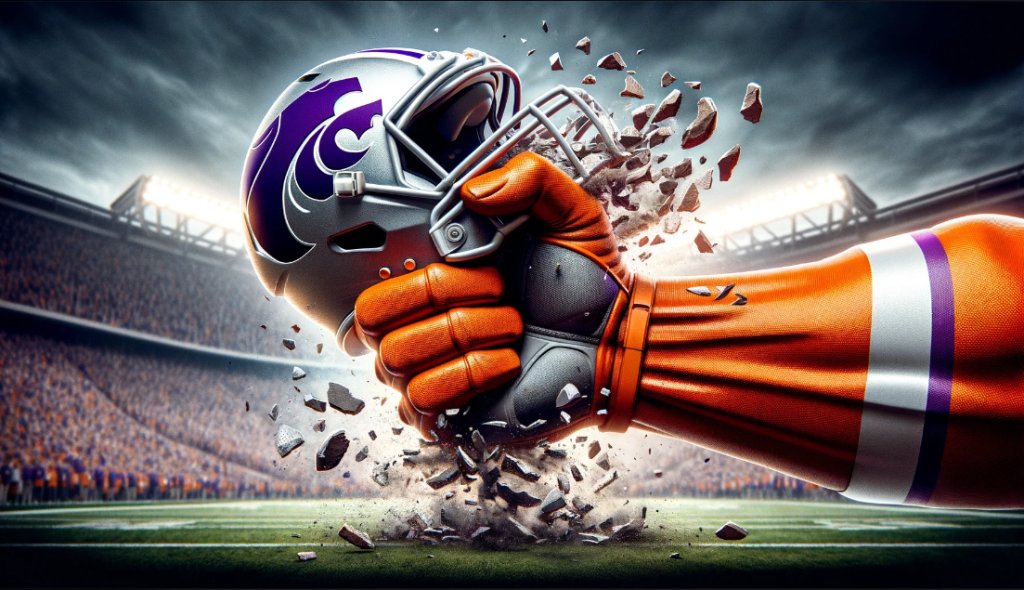 Create an image of a colossal hand clad in an orange glove and sleeve, decisively crushing a silver American football helmet with purple stripes, representing Kansas State University. The helmet is being fragmented into pieces, with shards flying outward, emphasizing the force of the action. This takes place in a stadium setting with the stands filled with spectators as a blurred backdrop, enhancing the dramatic impact of the destruction of the helmet.