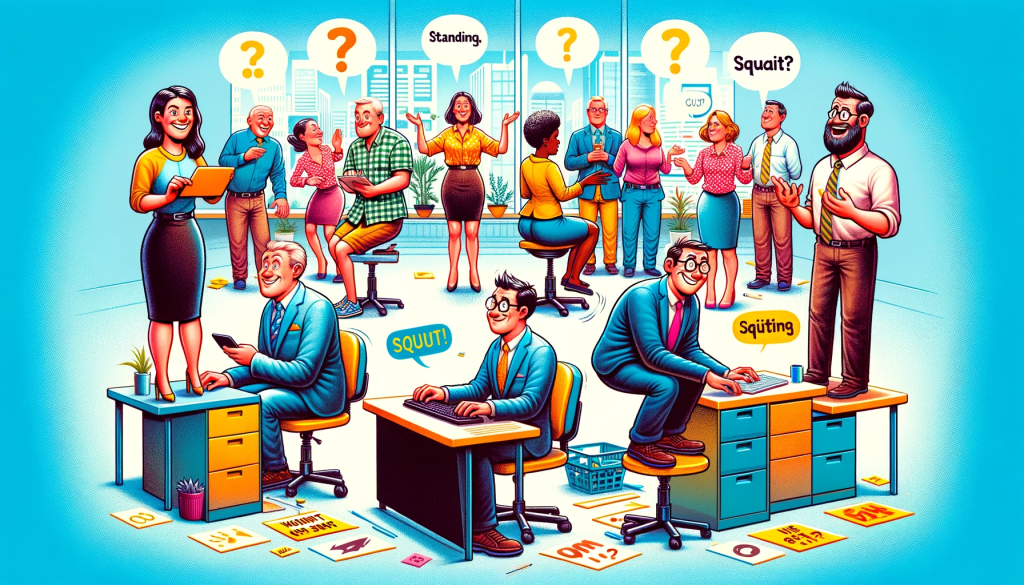 A humorous and colorful illustration in a 16:9 format, depicting a lighthearted office setting with a diverse group of employees engaged in a playful debate about squatting. On one side, people are standing and working at their desks, symbolizing squatting as standing. On the other side, employees are seated, representing squatting as sitting. In the center, an employee humorously attempts to type while squatting, looking confused. The scene is vibrant and full of life, with speech bubbles containing amusing comments and question marks, highlighting the playful debate. The office atmosphere is fun, energetic, and colorful, perfectly illustrating the quirky workplace wager about squatting.