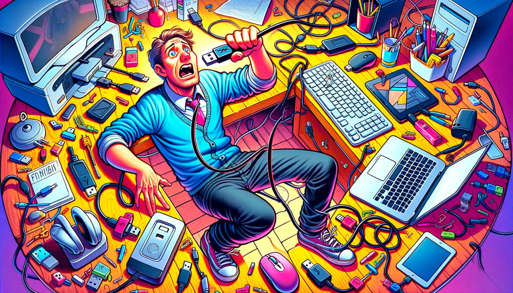 A colorful, humorous illustration capturing the essence of the USB Paradox. The image shows a person in an office setting, trying to plug in a USB connector with a look of confusion and frustration. The character is surrounded by a cluttered desk filled with tech gadgets like a computer, keyboard, mouse, and other office items, emphasizing the chaotic yet relatable scenario of struggling with a USB connection. The image should be vibrant and engaging, highlighting the humorous side of this common tech dilemma.