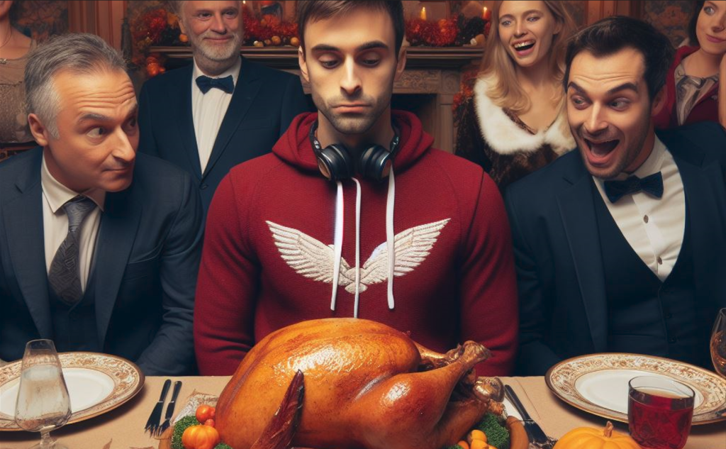 The new image has been created, capturing the scene you described for your Thanksgiving article. It features a beautifully cooked turkey at the center of a festive table, with one man looking at it with side eyes in disgust, while others around him are excitedly anticipating the meal. The setting is richly decorated in a Thanksgiving theme, creating a playful atmosphere that highlights the contrasting reactions to the turkey.