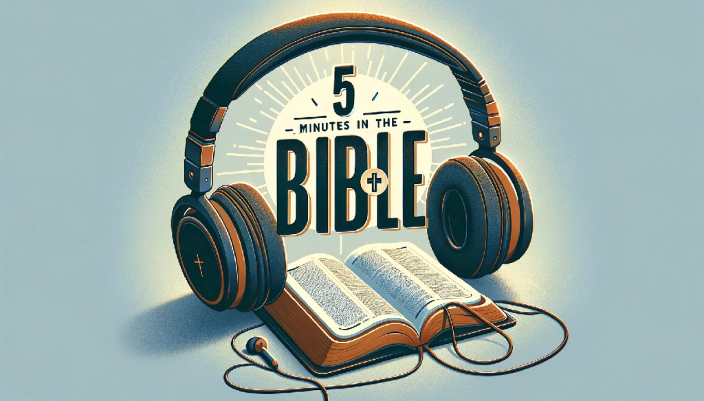 Podcast thumbnail for '5 Minutes Through the Bible', 16:9 aspect ratio. The design features a prominently displayed open Bible, symbolizing the focus on scripture. Include a pair of headphones resting on or near the Bible, indicating the podcast format. Add a large, easy-to-read title '5 Minutes Through the Bible' at the top in bold, striking font. The background should be soft and inviting, with a spiritual ambiance, perhaps including a subtle cross or light rays. The overall look should be modern and appealing to a podcast-listening audience, blending themes of technology (headphones) with the timeless appeal of the Bible.