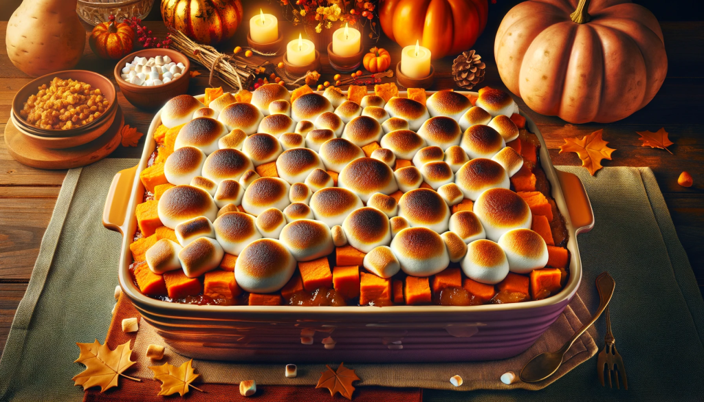 A vivid, detailed 16:9 image showcasing a Thanksgiving yam marshmallow dish, filling the entire frame. The image should feature a large, sumptuous serving of baked sweet potatoes topped with a golden layer of toasted marshmallows, presented in a festive casserole dish. The background should be filled with warm, Thanksgiving-themed colors and decorations, ensuring no color bars are present and the entire image is used to highlight the dish.