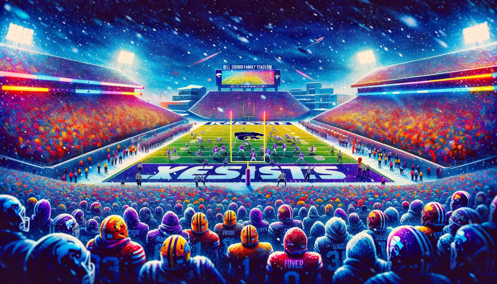 A vibrant, colorful scene of a football game at Bill Snyder Family Stadium, featuring the Kansas State Wildcats and the Iowa State Cyclones. The stadium is filled with fans, and the field is covered in snow, with players from both teams in action. The atmosphere is electric, capturing the excitement of a snowy evening game. The image is in 16:9 format, filling the entire frame without color bars on the edges.