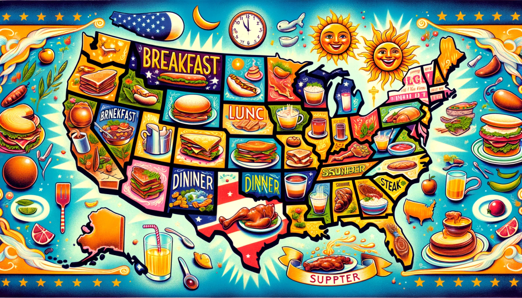 A colorful, whimsical illustration depicting the history and regional variations of American meal names. The image shows a map of the United States with iconic breakfast, lunch, dinner, and supper foods representing different regions. The Northeast and West Coast are depicted with traditional breakfast, lunch, and dinner foods like pancakes, sandwiches, and steak. The South and Midwest show variations where dinner might appear at lunchtime and supper in the evening, illustrated with foods like fried chicken and pot roast. The background is lively, with a vintage, playful style, integrating elements like a sun for breakfast, a clock for lunch, and a moon for supper, symbolizing the times of the meals. The illustration should be vibrant, engaging, and filled with fun details to explore, perfectly capturing the diversity and history of meal names across America.