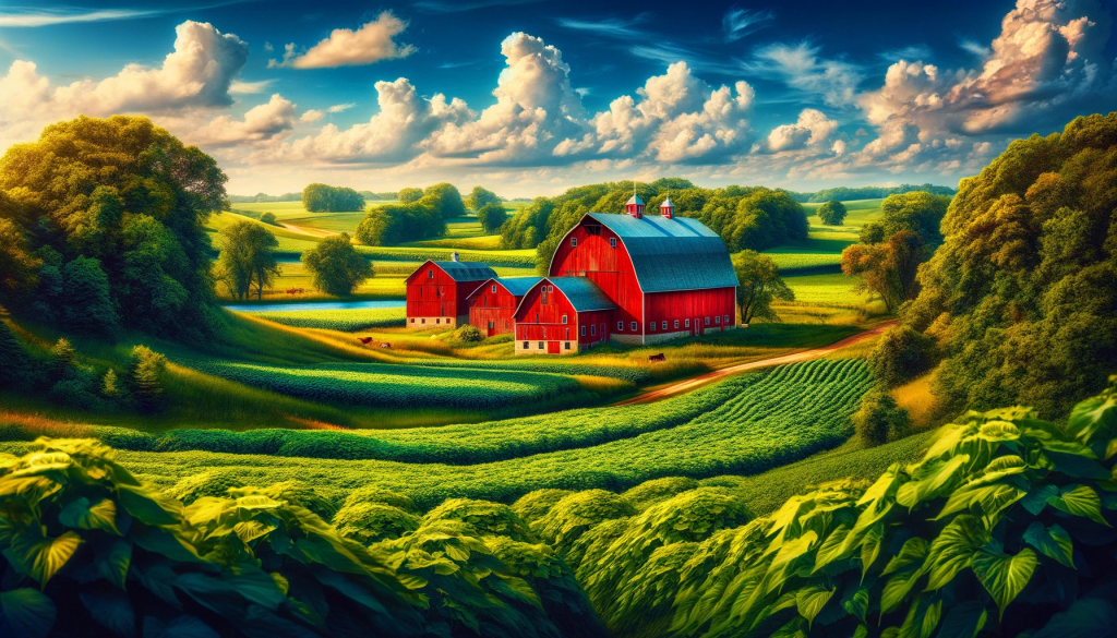 A scenic countryside landscape featuring traditional red barns amidst green fields under a blue sky. The barns are iconic, with a rustic appearance, symbolizing rural American farming life. The scene is vibrant, with the red barns standing out as focal points, surrounded by lush greenery and a clear sky, capturing the essence of agricultural history and tradition. The image should fill the entire frame, with no color bars on the edges, and be rich in detail and color, conveying a sense of nostalgia and cultural significance.
