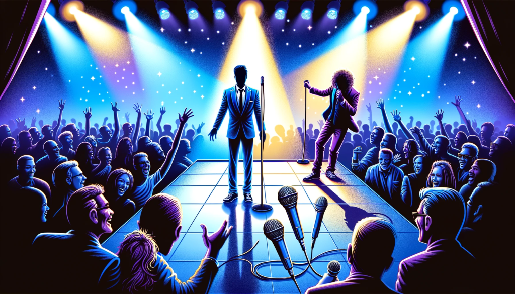 A vibrant and dynamic illustration capturing the essence of Milli Vanilli's story. The image shows two contrasting scenes: on one side, the public personas of Rob Pilatus and Fab Morvan performing on stage with bright lights and a cheering crowd, symbolizing their fame and success. On the other side, hidden in the shadows, are the real vocalists behind Milli Vanilli's hits, with microphones, conveying their unseen yet significant contribution to the music. The illustration should have a sense of drama and reveal the contrast between appearance and reality in the music industry. The color palette should be bold and engaging, with a focus on blues, purples, and spotlights to emphasize the stage setting.