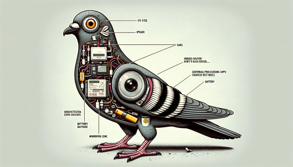 A humorous and detailed image of a pigeon depicted in a schematic style, showcasing its unique features as part of the 'Birds Aren't Real' conspiracy theory. The pigeon has camera lenses for eyes, a speaker in place of ears, a central processing unit (CPU) housed inside its body, and a battery also located within its body. Its feet are designed as inductive charging coils. On the pigeon's spine, there is a clearly visible wireless antenna. Additionally, a microphone is embedded just above its wing, adding to the spy gadgetry theme. The background is light and non-distracting to focus on the details of the pigeon.