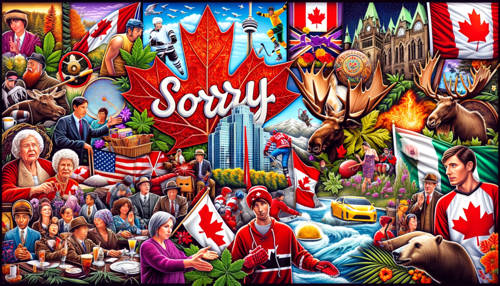 A vibrant and distinctly Canadian image, filled with national symbols and showcasing the theme of politeness and the word 'sorry.' Include iconic Canadian imagery such as the maple leaf, a hockey scene, a moose, the Canadian flag, and the CN Tower. Integrate these symbols into a collage that represents Canadian life and culture, with people of different backgrounds engaging in polite, apologetic interactions, embodying the famous Canadian courtesy. The image should radiate Canadian pride and multiculturalism, and prominently feature the word 'sorry' in a way that is integrated seamlessly with the Canadian symbols.