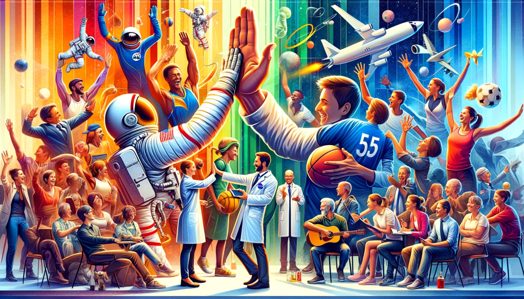 A colorful and dynamic scene depicting a variety of people from different backgrounds and professions, all engaging in high fives. In the center, two astronauts are giving a high five, symbolizing the NASA team's celebration. To the left, a group of athletes in various sports uniforms are high fiving each other, representing sports victories. On the right, there's a pair of scientists in lab coats, high fiving over a successful experiment. In the background, people in casual attire are high fiving in a social setting, illustrating the everyday use of the gesture. The image captures the universal and diverse nature of the high five as a symbol of celebration, teamwork, and joy.