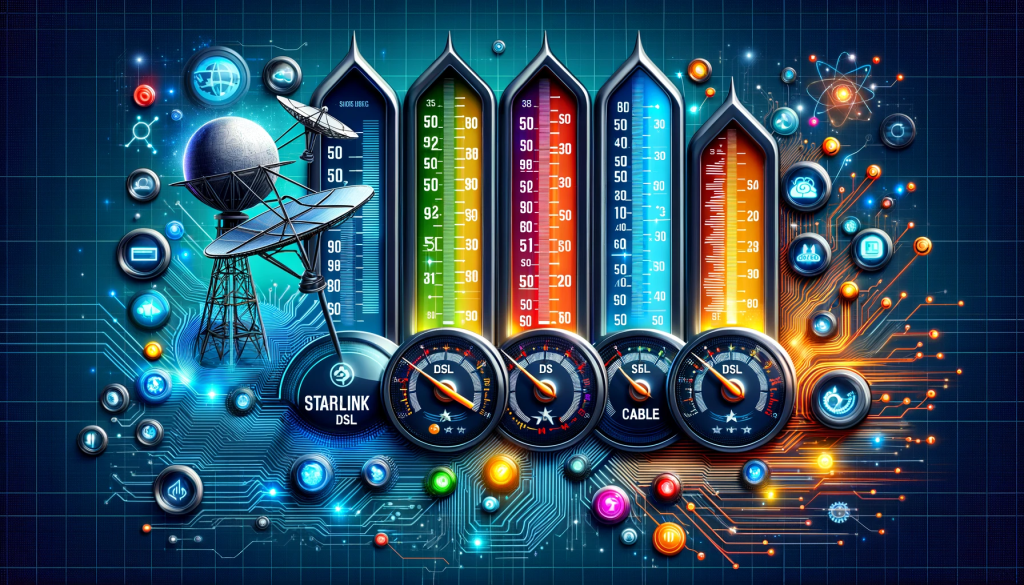 An informative and visually engaging image illustrating a comparison of the average speeds and latency of Starlink, DSL, cable, and fiber-optic internet services. The image should represent the key points discussed in the article, showing symbols or representations of each type of internet service (satellite for Starlink, a cable, and a fiber-optic cable) with speedometers or gauges indicating their relative speeds and latency. The background should be technology-themed, possibly with digital elements or a network grid. The image should be clear, colorful, and suitable for an article comparing internet services.