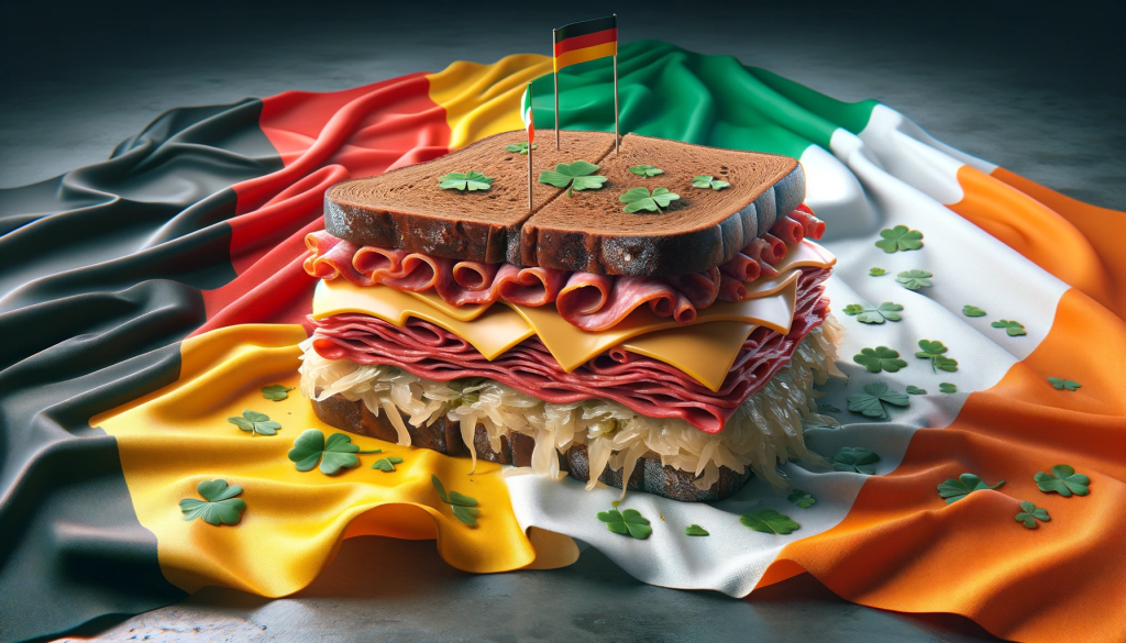 A realistic image showcasing the Rueben sandwich's debated origin. On one side of the image, the German flag is prominently displayed, representing the common misconception of the sandwich's German roots. On the opposite side, the Irish flag is shown, symbolizing another popular belief about its Irish origin. In the center of the image, there is a large, realistically depicted Rueben sandwich, looking juicy and delicious, with intricate details showing the layers of corned beef, Swiss cheese, sauerkraut, and dressing between slices of rye bread. The background is seamless, without any color bars, emphasizing the focus on the flags and the sandwich.