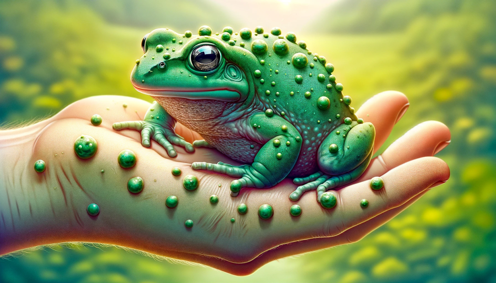 A detailed and realistic illustration of a green frog with small warts on its back, sitting on a human hand that also has a few warts, to depict the myth. The background is blurred to focus on the interaction between the frog and the hand, emphasizing that there is no actual transfer of warts happening. The frog looks curious and harmless, and the hand is depicted in a neutral way to show no sign of disgust or fear, challenging the misconception. The image should be vivid and fill the entire frame without color bars on the edges, in a 16:9 format.