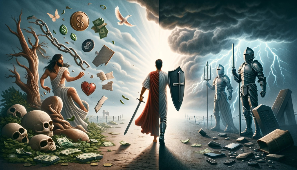 A split image depicting two contrasting scenes. On the left, a Christian individual is shown turning away from representations of temptation like material wealth, unhealthy relationships, and harmful media. This side of the image symbolizes the concept of 'fleeing temptation', with visual cues like symbols of money, broken chains, and discarded electronic devices. On the right, the scene shows the same person standing firm and armored, holding a shield and sword, symbolizing spiritual strength and readiness for battle. This side represents 'arming up for the fight' against challenges, with a backdrop of stormy skies and a ray of light shining through, size: "1792x1024"