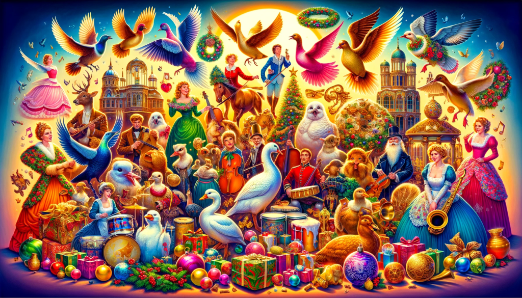 A vivid and fully detailed image portraying all the gifts from the song 'The Twelve Days of Christmas', with each gift - a partridge in a pear tree, two turtle doves, three French hens, four calling birds, five gold rings, six geese a-laying, seven swans a-swimming, eight maids a-milking, nine ladies dancing, ten lords a-leaping, eleven pipers piping, and twelve drummers drumming - depicted in a festive and colorful style. The composition should be designed to fill a full 16:9 ratio frame from edge to edge, with no color bars on the sides, capturing the joyful and vibrant spirit of the song.