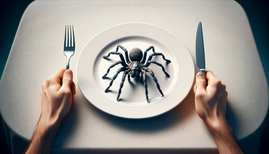 An image depicting a realistic spider on a dinner plate, with a person's hand holding a fork and knife, as if they are getting ready to eat it. The scene should be set at a dining table, with the focus on the plate and the spider. The atmosphere should be quirky and slightly surreal, highlighting the unusual nature of the subject in a visually interesting and engaging way.