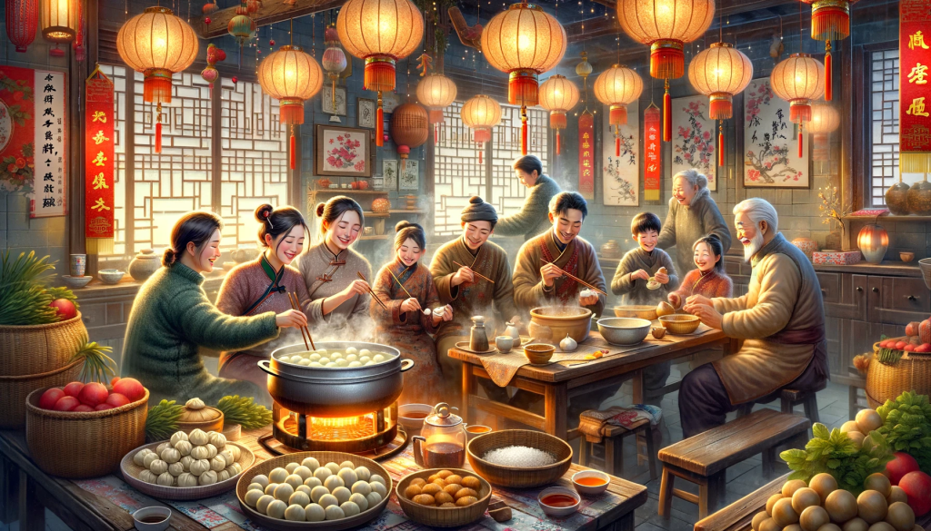 A festive and heartwarming scene depicting a family in Henan Province, China, during the Winter Solstice or Dongzhi Festival. The setting is a cozy, traditional Chinese kitchen with family members of different generations gathered around a table. They are engaged in making and boiling dumplings, with a large pot on the stove and ingredients scattered around. Lanterns and winter decorations adorn the room, enhancing the celebratory atmosphere. The scene captures the warmth of family unity, the joy of cooking together, and the cultural significance of eating dumplings to ward off the cold. The family members are smiling and interacting with each other, embodying the spirit of the festival. Size: 1792x1024.