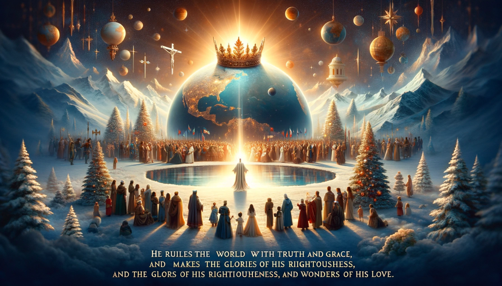 A majestic and inspiring image that captures the essence of the lyrics 'He rules the world with truth and grace, And makes the nations prove The glories of His righteousness, And wonders of His love.' The image should depict a serene and dignified world under a benevolent rule, symbolized by a gentle light or a crown. Include diverse nations represented in a harmonious and peaceful scene, with elements that suggest the glories of righteousness and the wonders of love, such as people united in harmony, nature flourishing, and a sense of divine grace permeating the scene, all contributing to a serene and uplifting Christmas atmosphere.